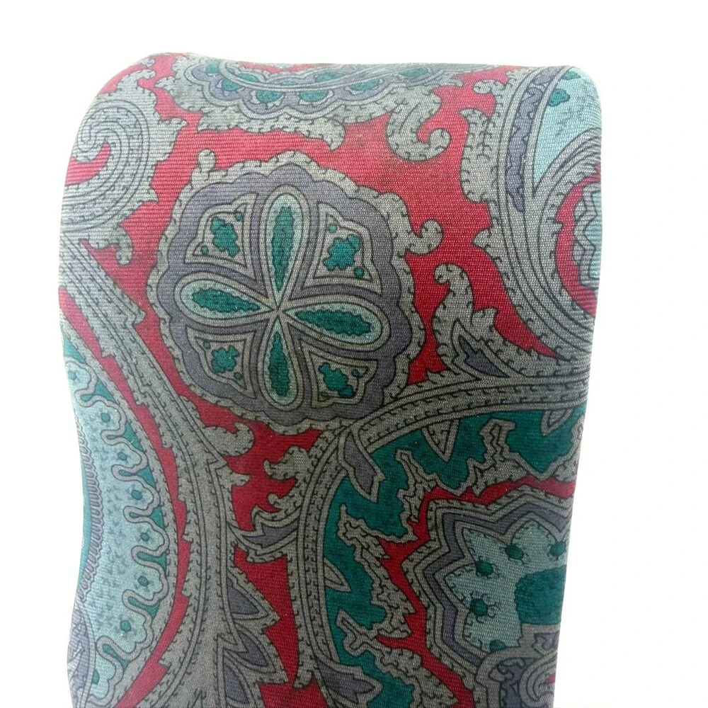 Kenneth Stevens Silk Tie Paisley Red Grey Teal Blue Made in USA Italian Fabric